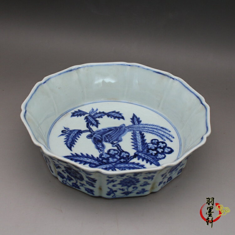 明宣德青花手繪纏枝蓮花鳥紋盤 水淺 洗 古玩古董陶瓷器收藏擺件