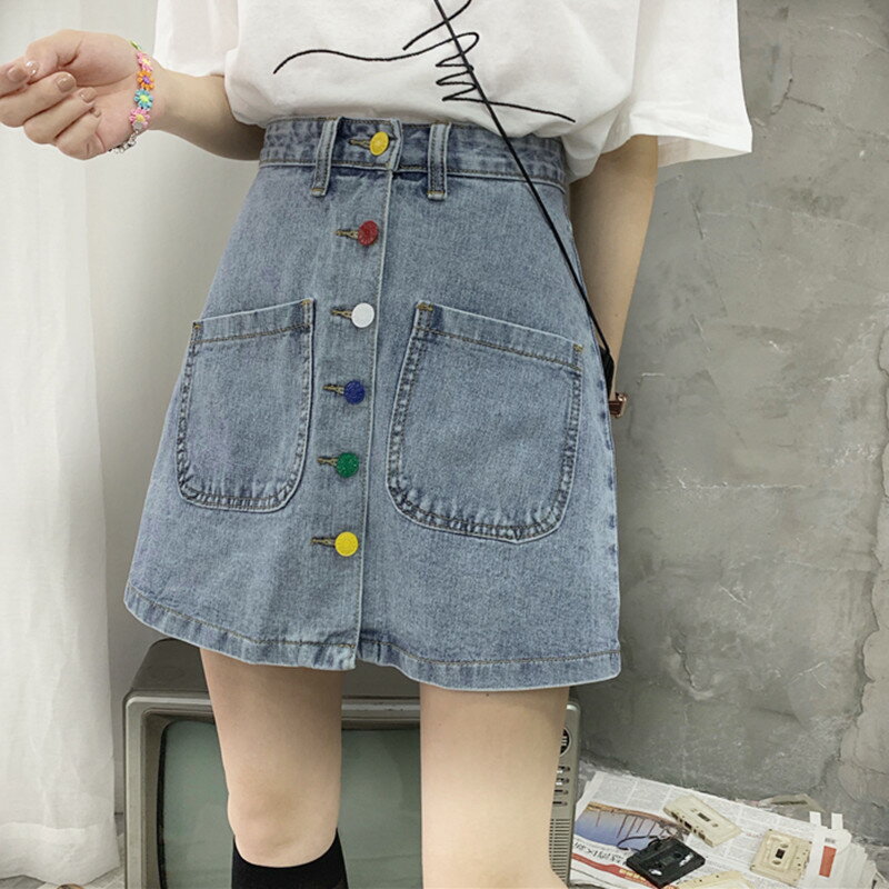 2021春夏百搭紐扣牛仔半身裙女小個子高腰包臀A字短裙復古半裙ins