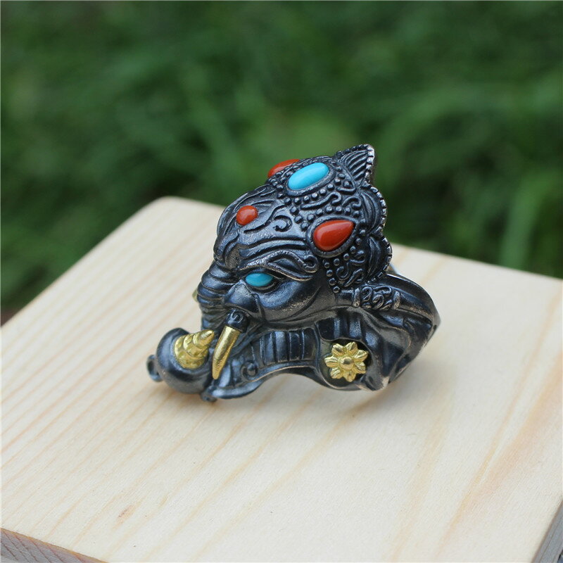 S925純銀精工手工雕刻南紅綠松招財象鼻財神活口戒指指環男士戒指