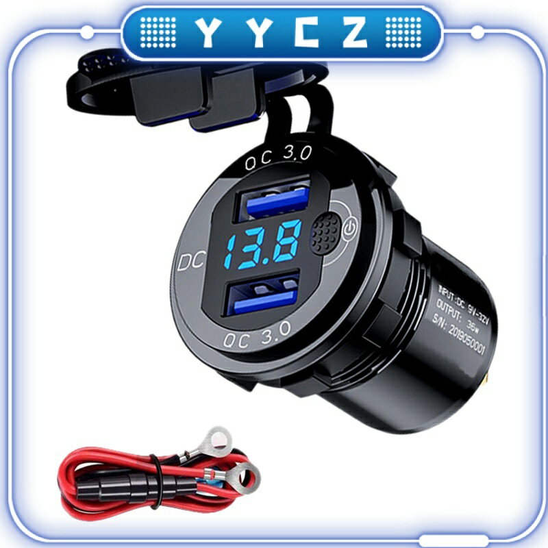 QC 3.0雙USB汽車充電器插座12V 24V USB充電器帶觸點開關用於船用機車卡車高爾夫球車黑色