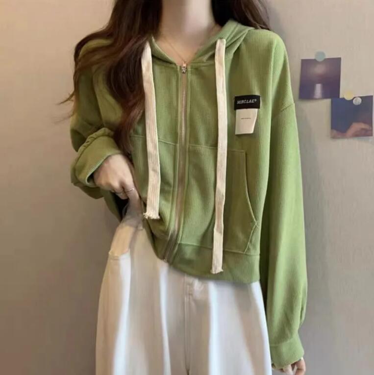 美式復古華夫格連帽衛衣開衫女春季薄款學院風寬松百搭短款外套潮【繁星小鎮】