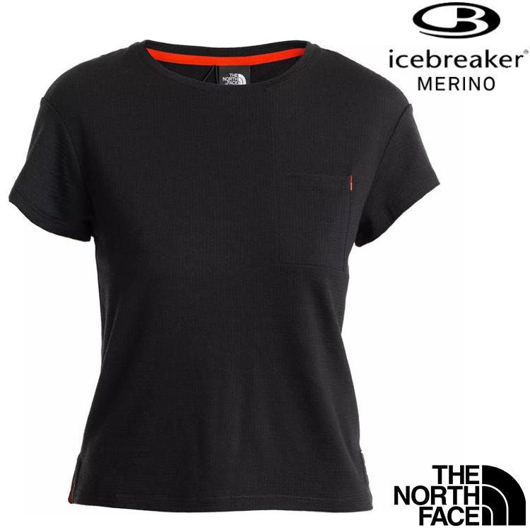 Icebreaker Merino 200 The North Face聯名 女款 美麗諾羊毛圓領短袖上衣(口袋) 0A56VQ 001 黑