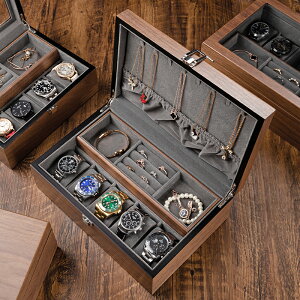 錶盒 手錶收納盒 手錶收藏盒 胡桃木質首飾手錶一體收納盒雙層大容量戒指袖扣項錬手鐲飾品整理『YJ01113』