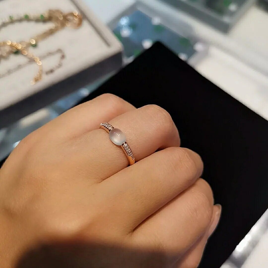 小清新戒指女款冰種蛋面翡翠指環純高冰玉髓s925純銀鑲嵌指扣