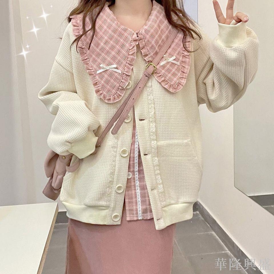 秋冬套裝女學生韓版日系粉格襯衫+燈芯絨半身裙+開衫外套三件套