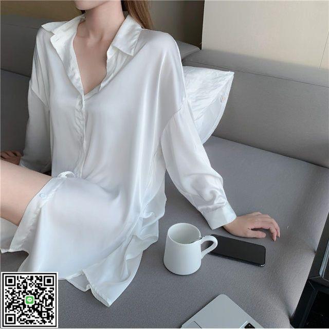 2024新款性感睡衣女春秋冰絲內衣誘惑白色長袖開衫男友風襯衫-UM.有米家居