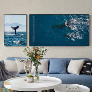 北歐現代海洋風景攝影掛畫鯨魚快艇沙灘假日雙聯版畫客廳裝飾畫