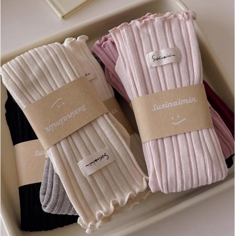 襪子女中筒純棉春秋季粉色木耳邊無骨松口月子長筒日系堆堆襪【繁星小鎮】