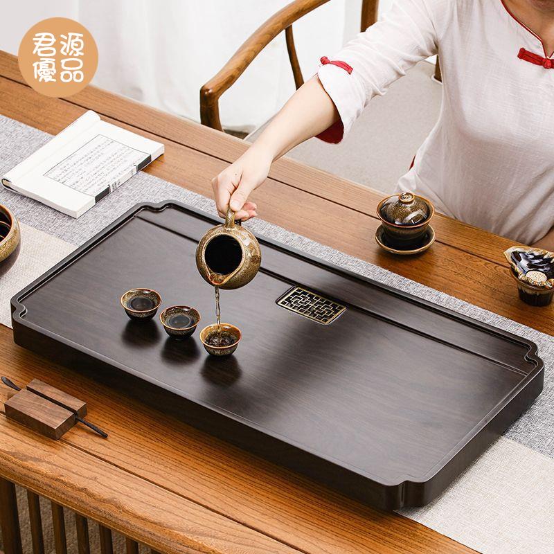 茶盤 功夫茶具茶盤 託盤 茶盤 家用輕奢高階排水簡約託盤 仿實木黑檀大號功夫茶海 長方形茶臺