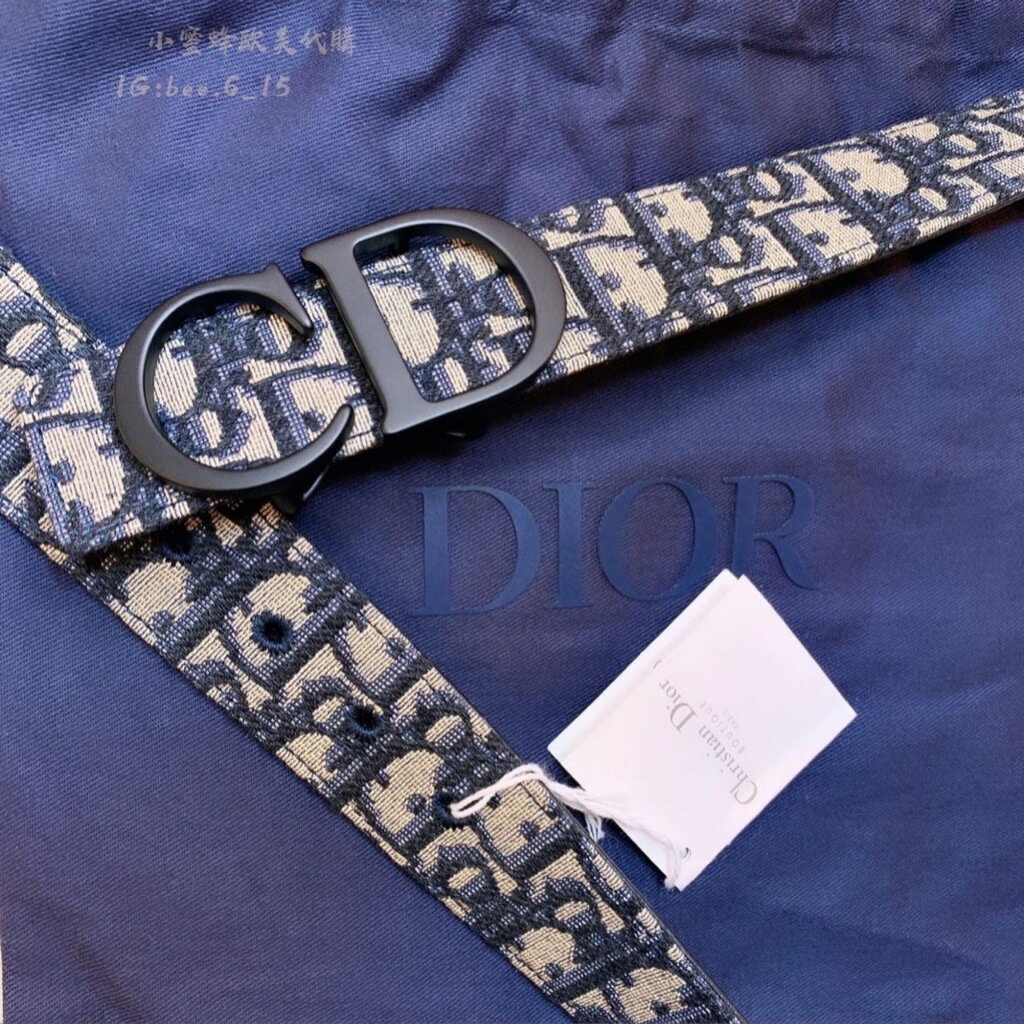 (Little bee小蜜蜂精品)Christian Dior 消光皮帶頭 緹花布皮帶(藍) 歐碼尺寸110