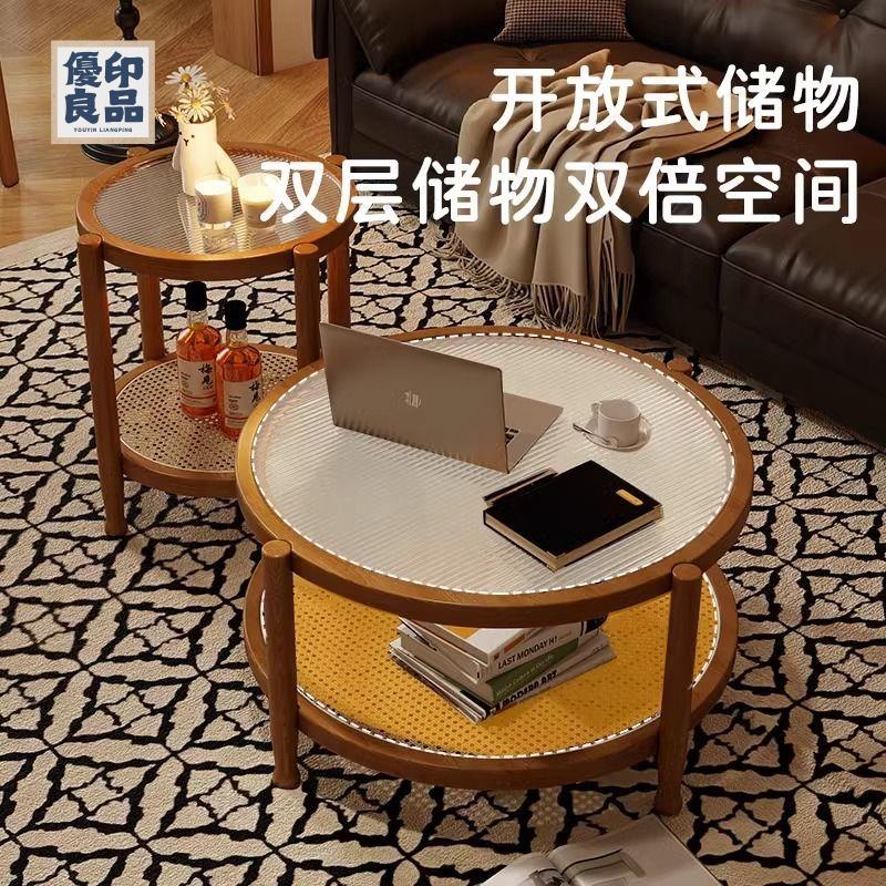工廠現貨 茶几 邊桌 茶幾桌 沙發邊幾 復古長虹玻璃圓形小茶幾實木藤編圓幾小戶型套幾雙層儲物矮桌中古工廠直銷 可開發票 全館折扣 售後保障y554