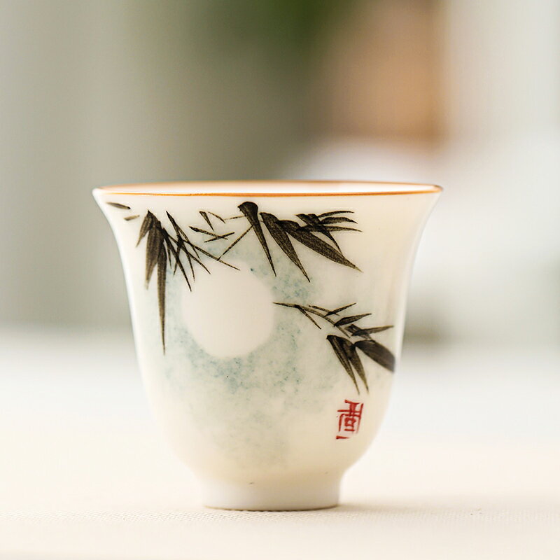輕奢白瓷手繪茶杯品茗杯家用會客喝茶專用功夫陶瓷個人小單杯茶碗