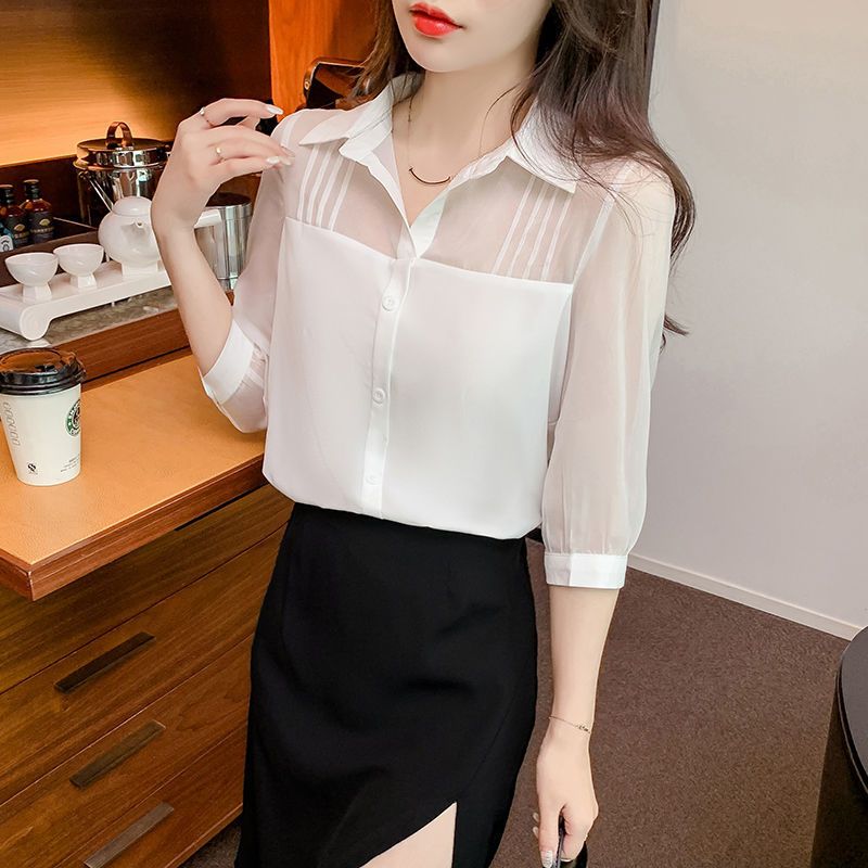 七分袖襯衫雪紡拼接緞面白色襯衫女時尚洋氣別致上衣設計感小眾春夏季