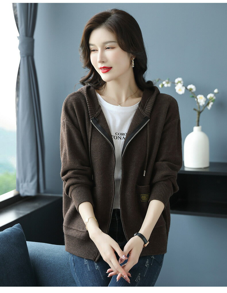 外套 女裝 休閒外套 時尚外套 保暖外套  連帽毛衣外套女寬鬆拉鍊針織開衫2025秋季女裝帶帽衛衣春秋外搭潮 8