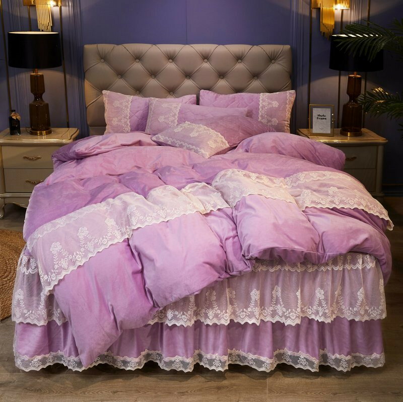 歐式水晶絨床裙款四件套蕾絲加厚夾棉床罩式套件花邊被套1.8/2.0m