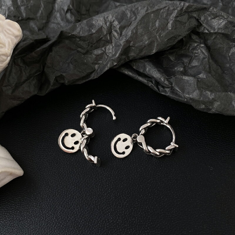 925純銀笑臉耳環女年新款潮復古泰銀耳墜冷淡風耳圈鏈條耳飾 4
