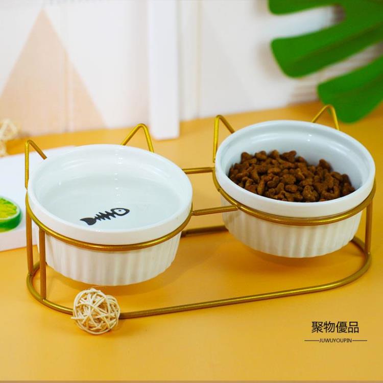 陶瓷雙碗貓碗狗喂食盆喝水飲水寵物貓咪狗狗用品【聚物優品】