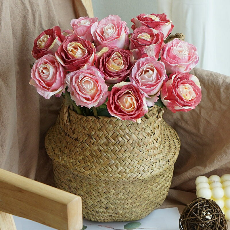 人造花仿真花 復古焦邊玫瑰仿真花假花絹花裝飾擺件干花花束客廳擺設餐桌仿生花