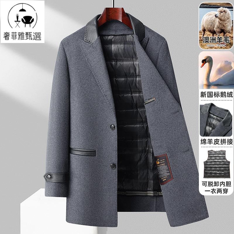 快速出貨/一衣二穿綿羊皮羊毛雙面尼大衣中年男士鵝絨內膽加厚保暖呢子大衣
