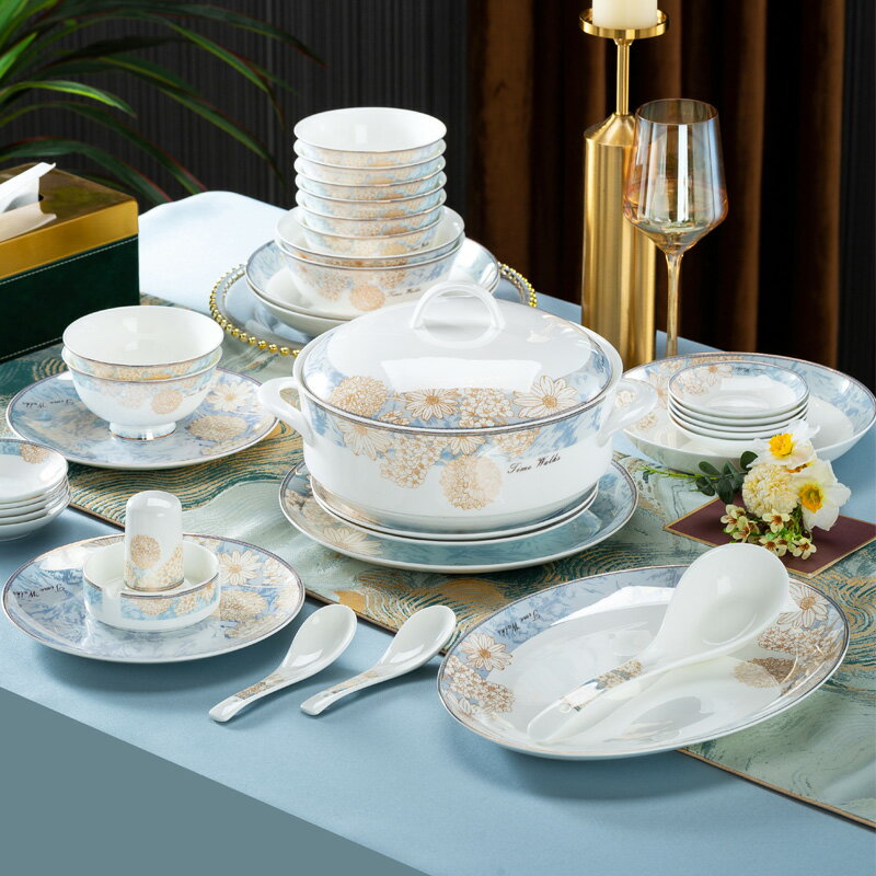 碗碟套裝 家用輕奢簡約陶瓷碗盤筷子菜盤骨瓷餐具套裝組合景德鎮