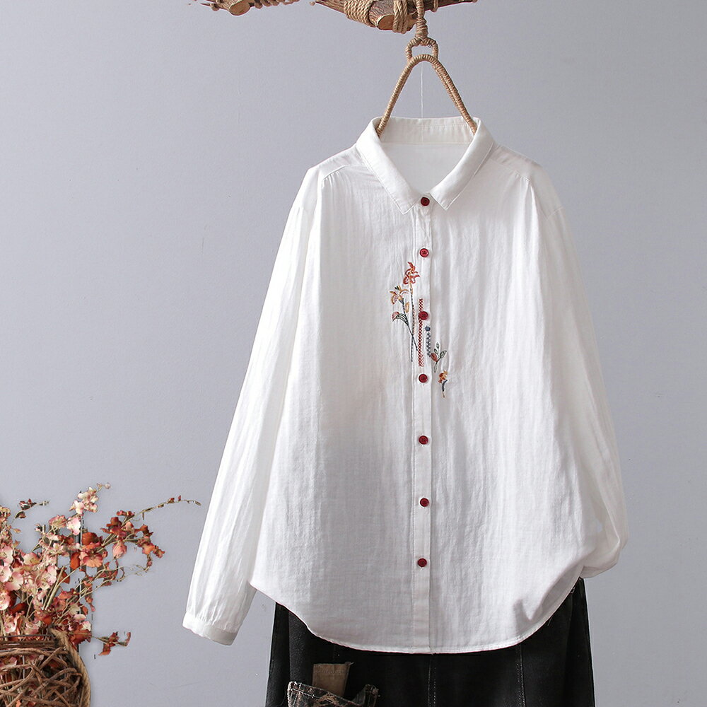 ＊ORead＊日系小清新花草刺繡雙層棉紗長袖襯衫(白色S~L)【限定加碼✿全館滿額再折】