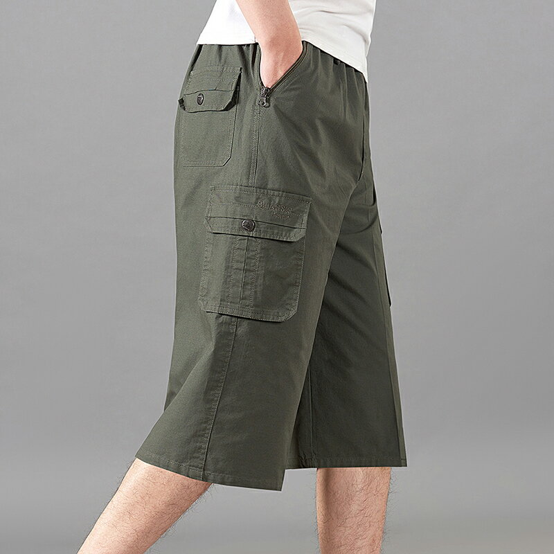 夏季休閑褲中褲多口袋耐穿耐磨工作褲男士寬松直筒七分褲純棉短褲 1