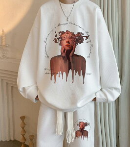 FINDSENSE X 2022 街頭時尚 男士 寬鬆大尺碼 華夫格 抽象女神圖案 外套 休閒褲 兩件套 套裝