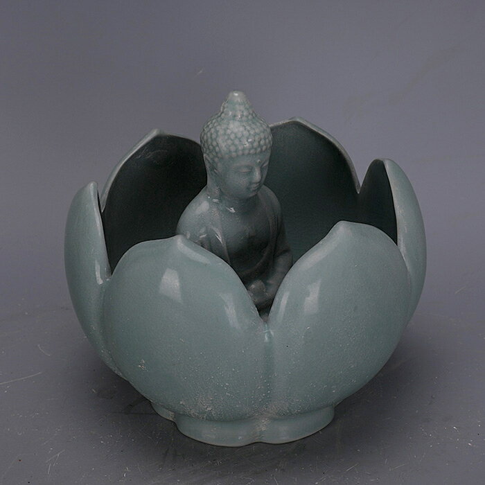宋汝窯青釉蓮花水洗坐蓮如來佛祖佛像手工仿古瓷古玩古董收藏擺設