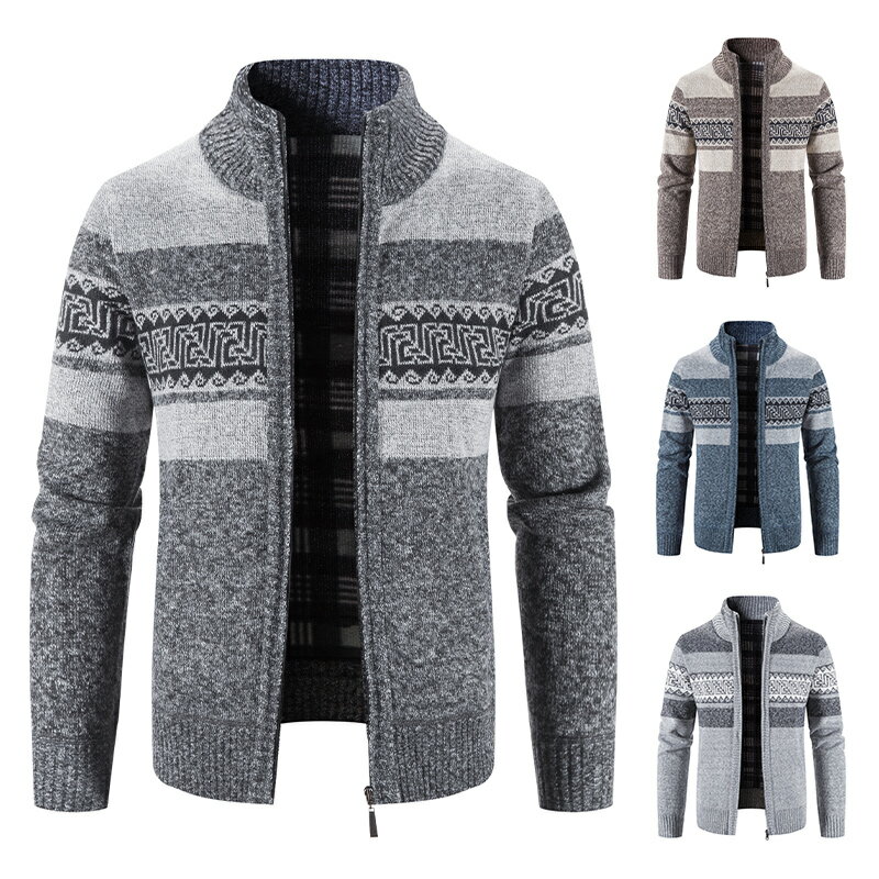 男士秋冬季長袖條紋夾克加絨加厚保暖拼接針織衫開衫線衫立領外套