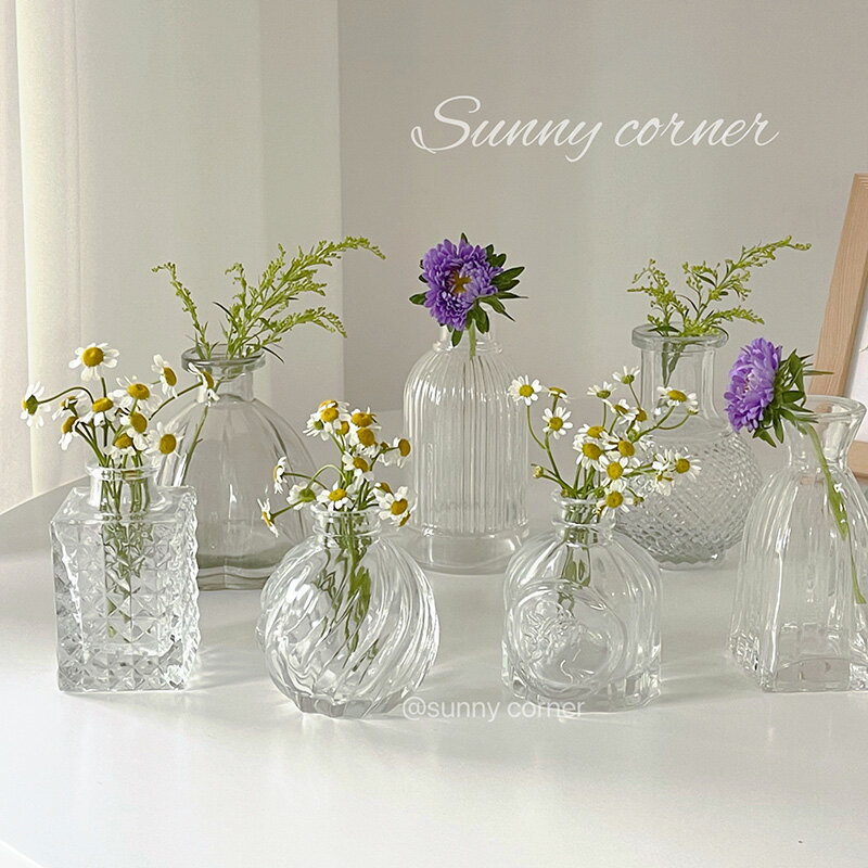法式復古浮雕玻璃迷你小花瓶 ins風透明水培插花花瓶桌面裝飾擺件