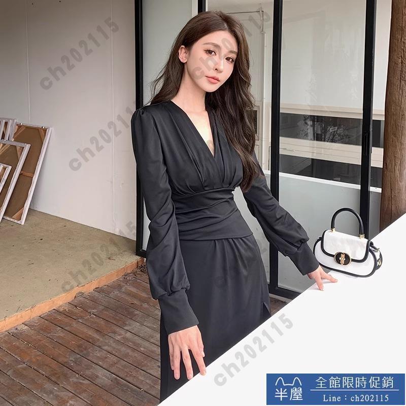 尾牙禮服 洋裝 法式設計高階感v領黑色連衣裙女秋季收腰性感氣質顯瘦禮服長裙子交換禮物 三木優選