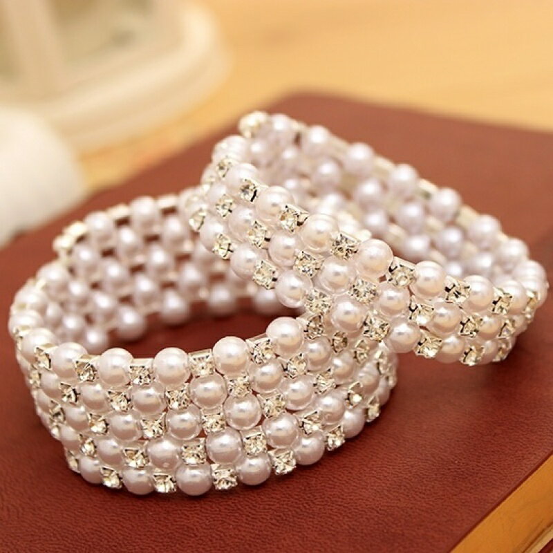 韓版時尚多層珍珠鑲鉆纏繞螺旋手鏈寬手鐲女彈力寬手環