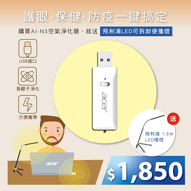 【加贈飛利浦檯燈66046】宏碁 Acer 負離子 空氣淨化器 AI-N3 個人清淨機 隨身清淨