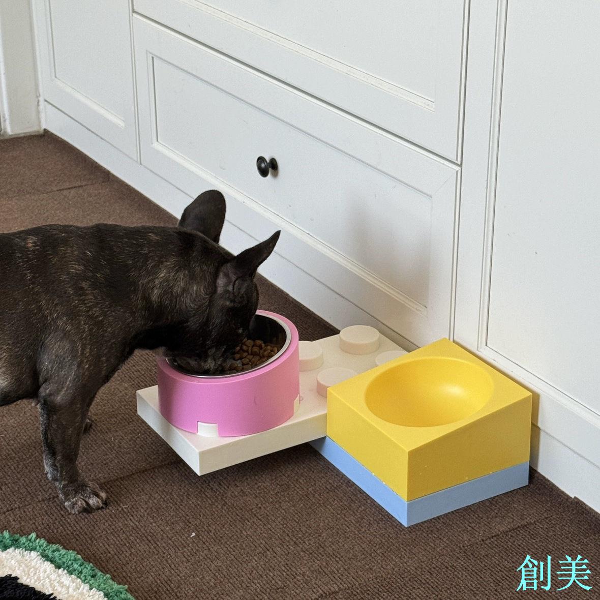 PPKP積木碗寵物餐具狗碗貓碗斜口碗送不銹鋼-創美