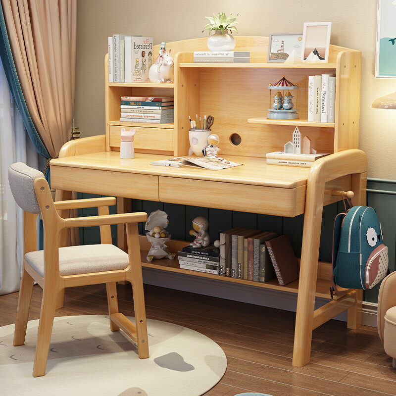 書架 ● 實木 雙人書桌書架 一體 組合帶抽屜兒童學習桌初中生 家用 白色寫字桌