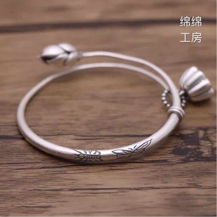 足銀999蓮花魚手鐲 民族風推拉蓮霧鐲子 文藝範手環 蓮蓬