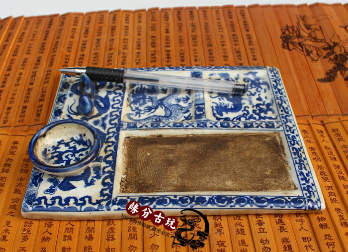 景德鎮陶瓷器 青花瓷做舊文房四寶硯臺文房四寶 古玩古董收藏禮品1入