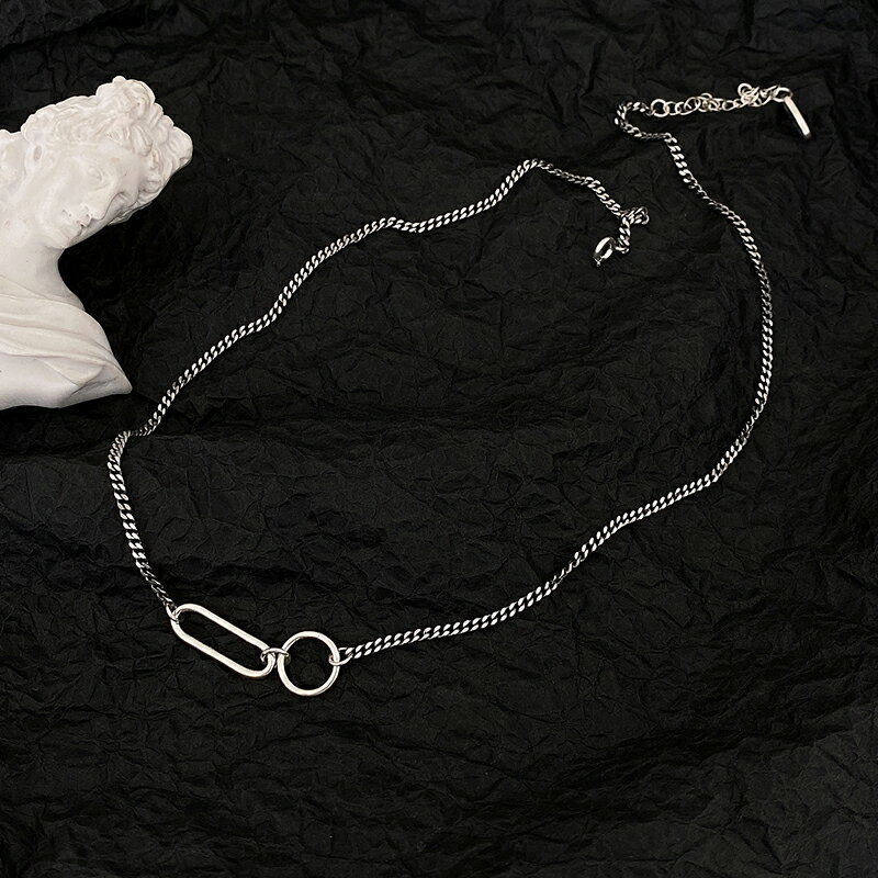 925純銀幾何圓圈項鏈女年新款復古做舊鎖骨鏈泰銀嘻哈頸鏈潮 1