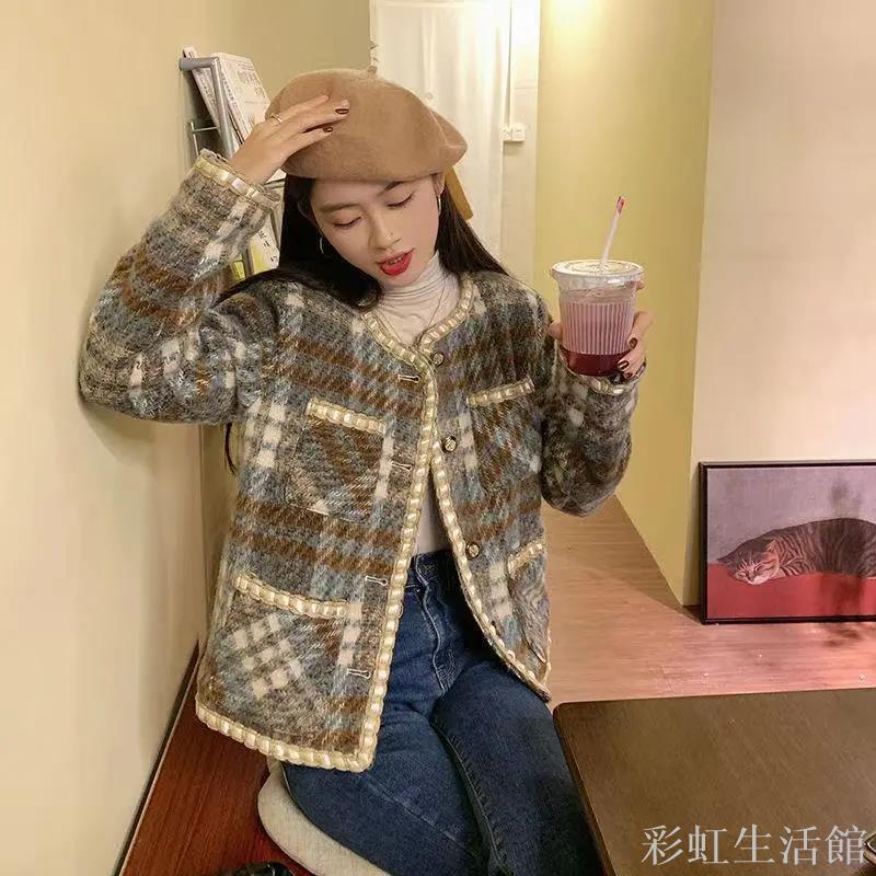 加絨加厚短外套女2023冬季新款修身百搭格子小香風氣質毛呢上衣潮