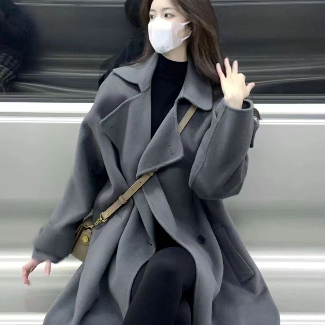 風衣夾克灰色毛呢外套女高級感加厚赫本風呢子長款大衣潮秋冬新款