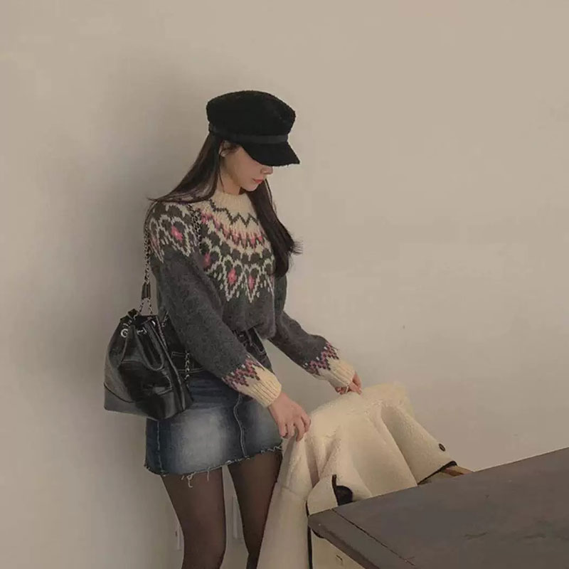 ANNAS 粉色聖誕毛衣 復古編織圖騰針織衫 愛心花紋可愛慵懶少女風 5