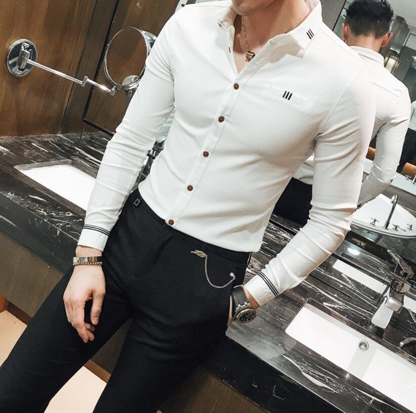 FINDSENSE品牌 男 時尚 潮 薄款 純色 黑色 白色 口袋 修身 長袖襯衫 素面袖襯衫