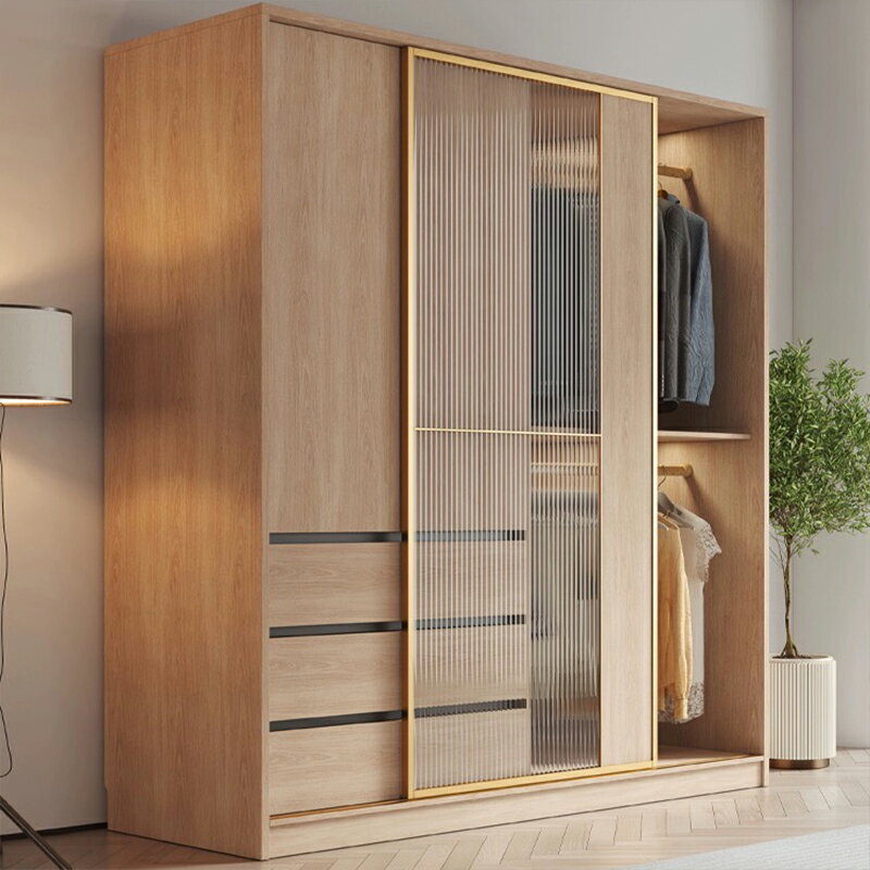 北歐推拉門衣柜臥室家用小戶型柜子現代簡約輕奢組裝大衣櫥原木色