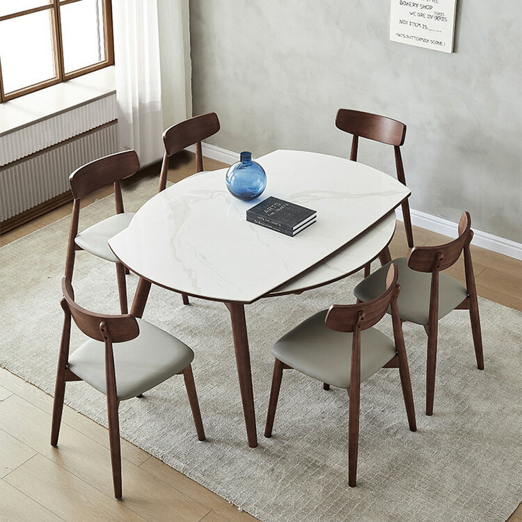 餐桌 北歐實木餐桌家用可伸縮折疊巖板餐桌椅組合可變圓桌