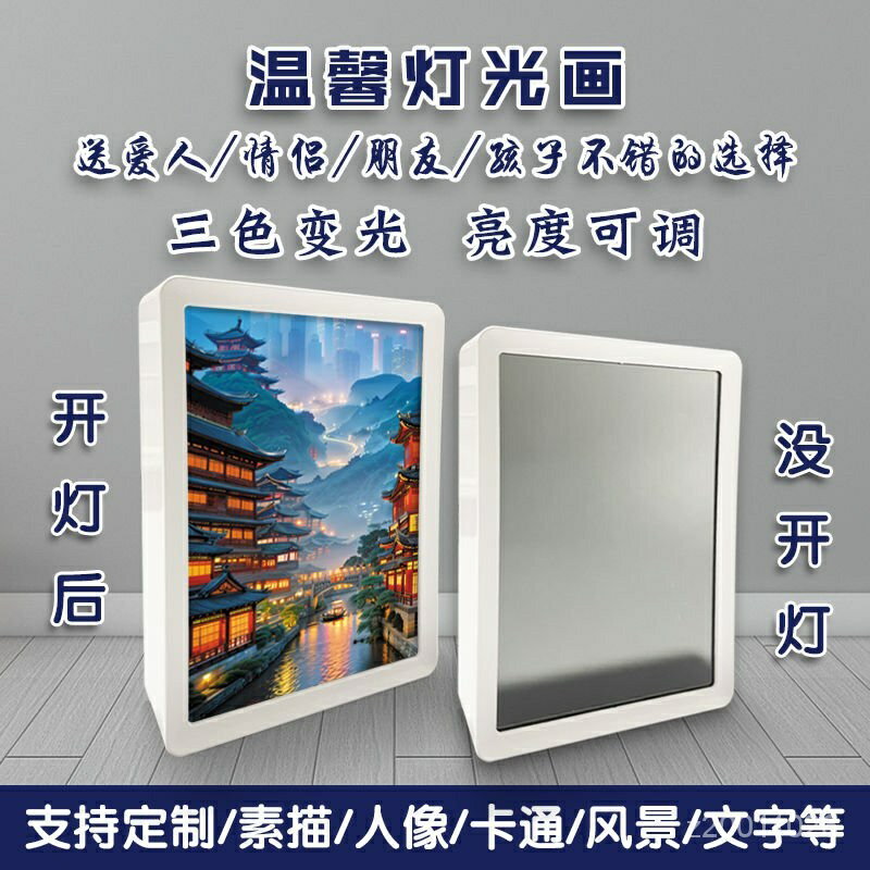 鏡子燈光畫 來圖照片定製 會發光畫 diy 鏡子燈光畫 床頭擺件 小夜燈 生日禮物 燈光畫 相框 情人節禮物