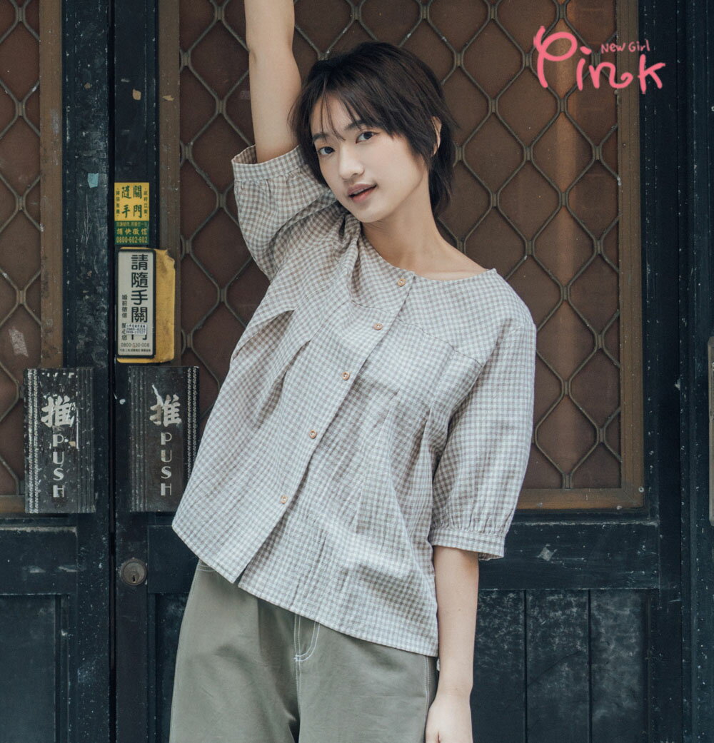 立體感★Pink清新層次感格子上衣(藍/卡其)