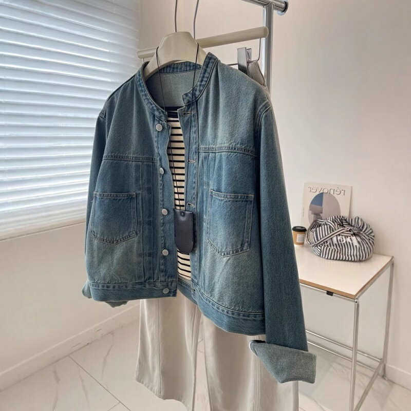 現貨+預購 美式牛仔外套丹寧夾克經典牛仔襯衫-港風復古圓領工裝女外套74km59【獨家進口】【米蘭精品】