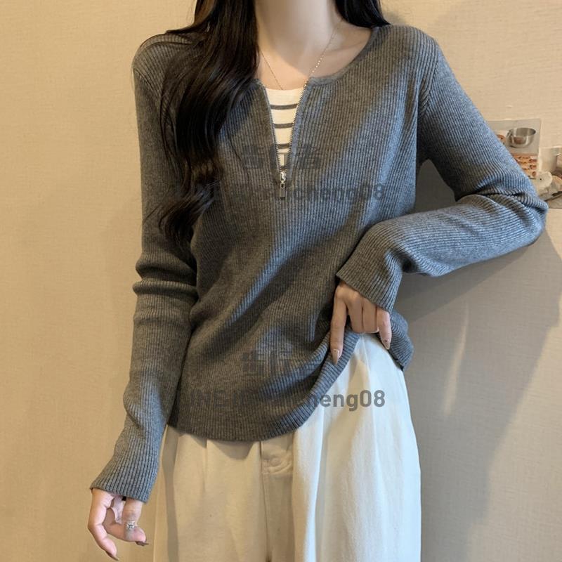 大碼遮肚子假兩件v領長袖仿針織上衣女秋冬寬鬆顯瘦正肩打底衫【步行者戶外生活館】P