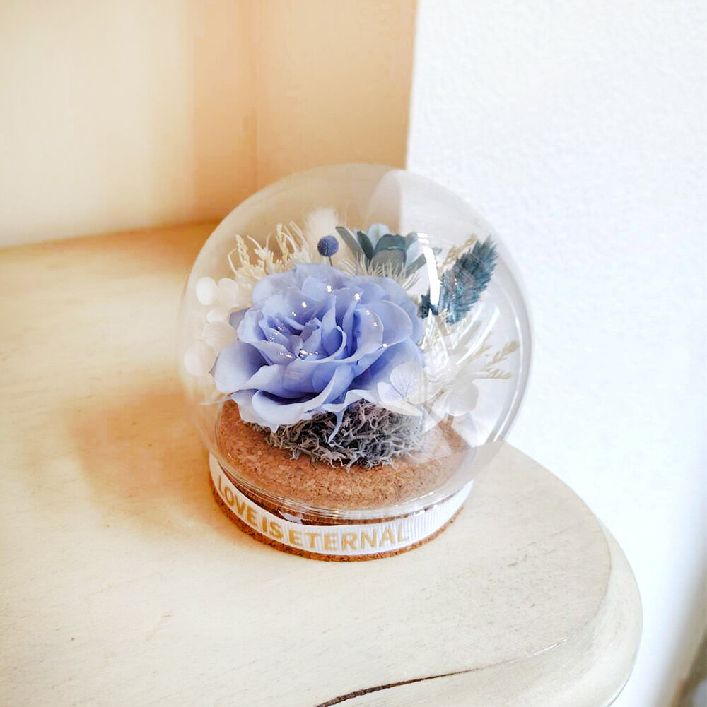 萩蒔花花藝x覓品竹北手作店-乾燥花x永生花創作圓形玻璃花盅-淺藍色玫瑰