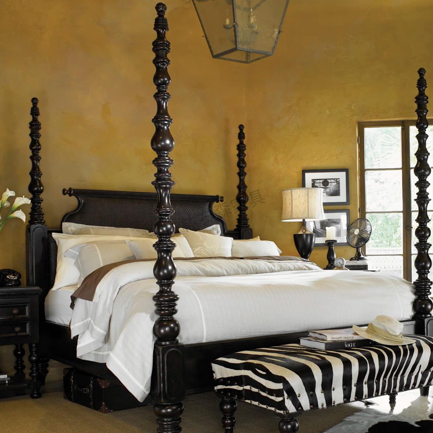 【可打統編 超低價】美式覆古實木床主臥蚊帳架羅馬四柱床中古風法式1.8米高級感雕花